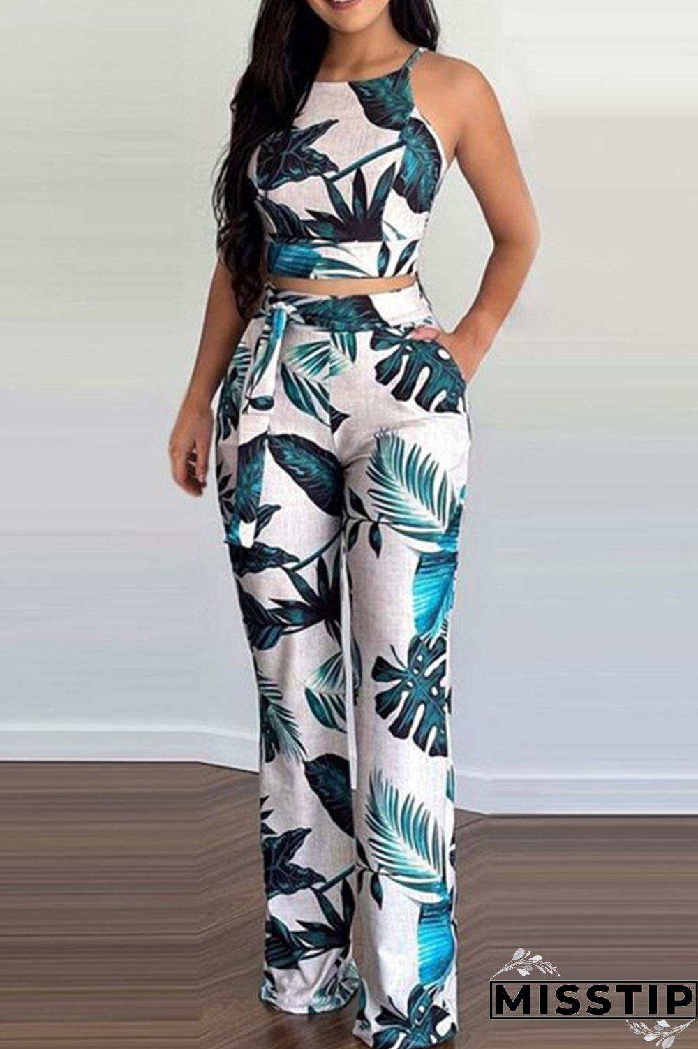 Green Street Print Bandage Halter Sleeveless Two Pieces