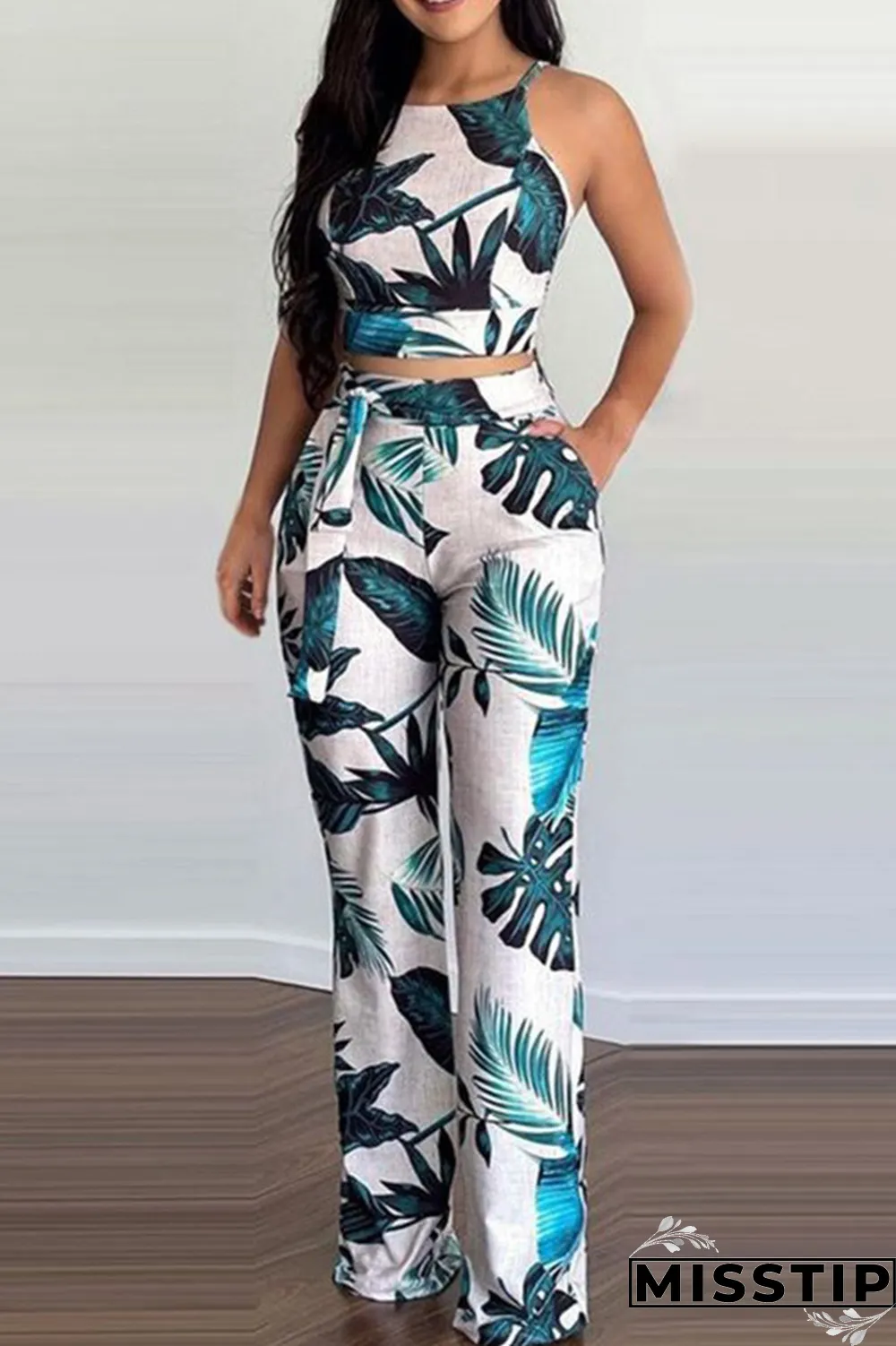 Green Street Print Bandage Halter Sleeveless Two Pieces