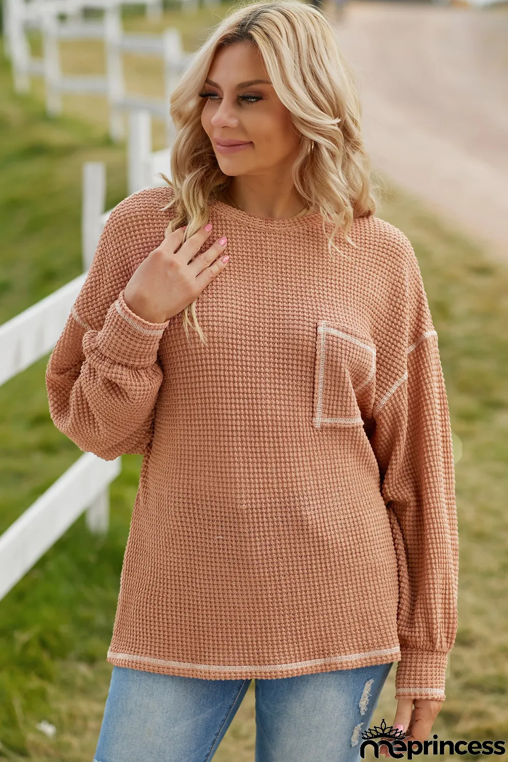 Grey Contrast Stitching Waffle Knit Top