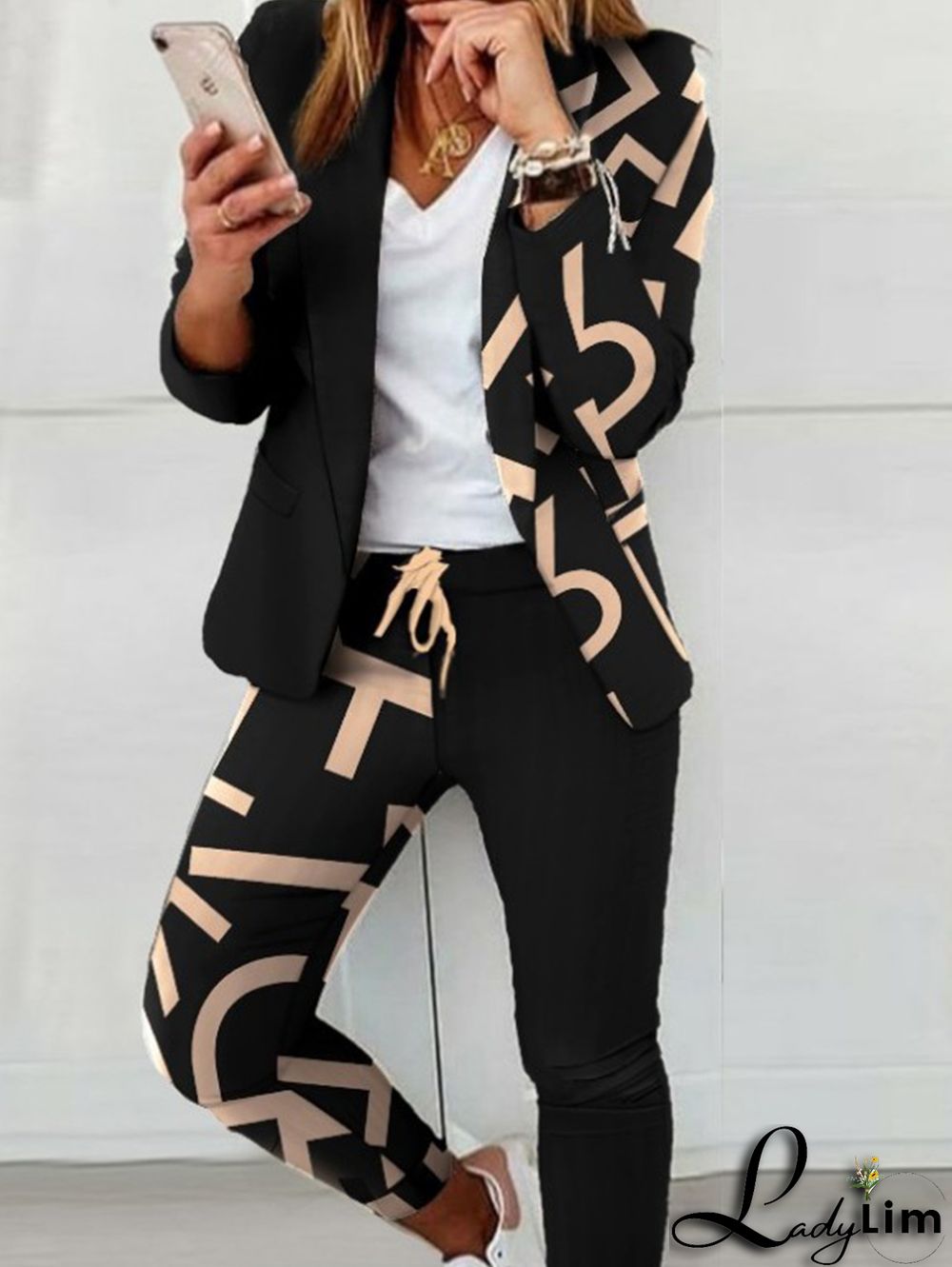 Casual Colorblock Allover Pattern Blazer & Pants 2 Pcs Set