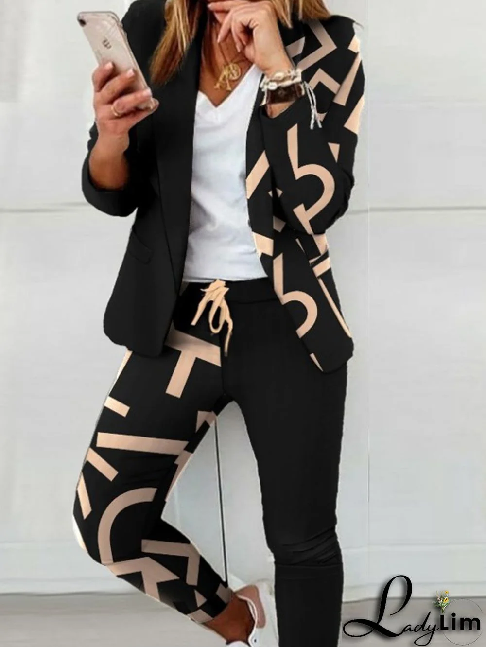 Casual Colorblock Allover Pattern Blazer & Pants 2 Pcs Set