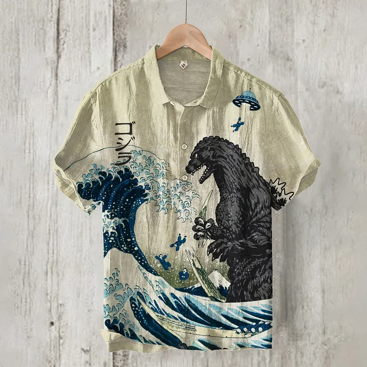 The Great Waves And Godzilla Japanese Art Art Linen Blend Polo Shirt