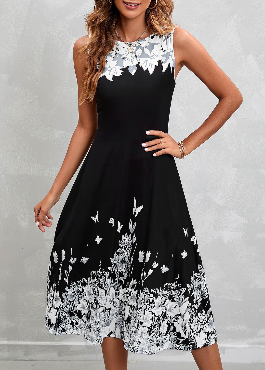 Black Floral Print Sleeveless High Waist Dress