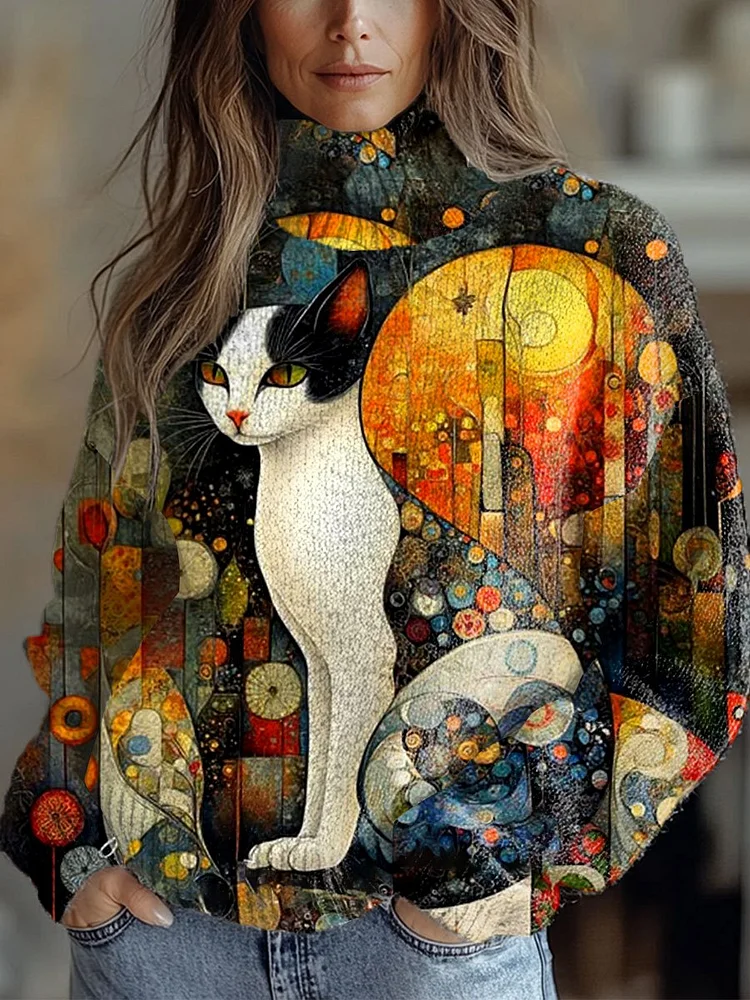 Retro Cats Art Print Knit Turtleneck Pullover Sweater