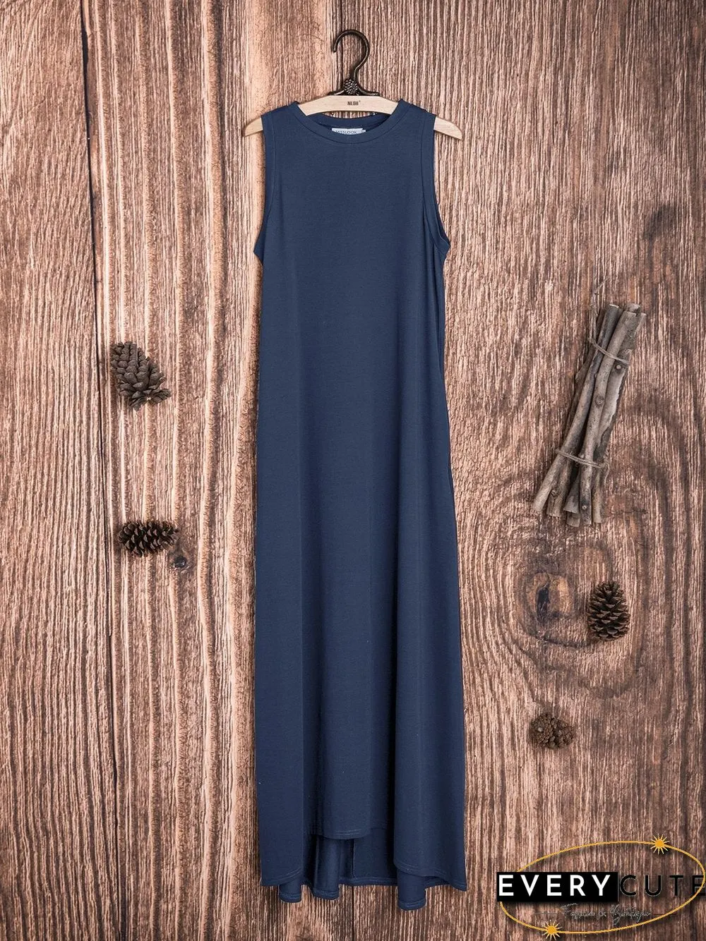 Cotton-Blend Solid Sleeveless Crew Neck Casualdress