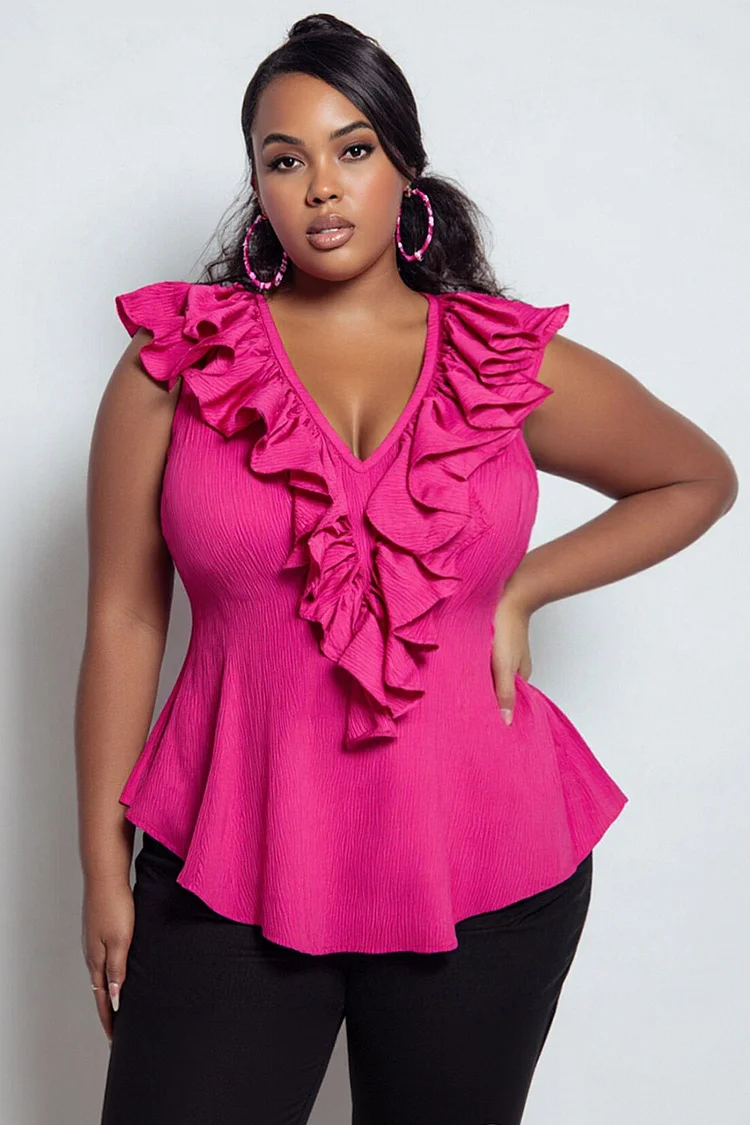 Xpluswear Design Plus Size Vacation Hot Pink V Neck Ruffle Tops [Pre-Order] 2024 - Xpluswear