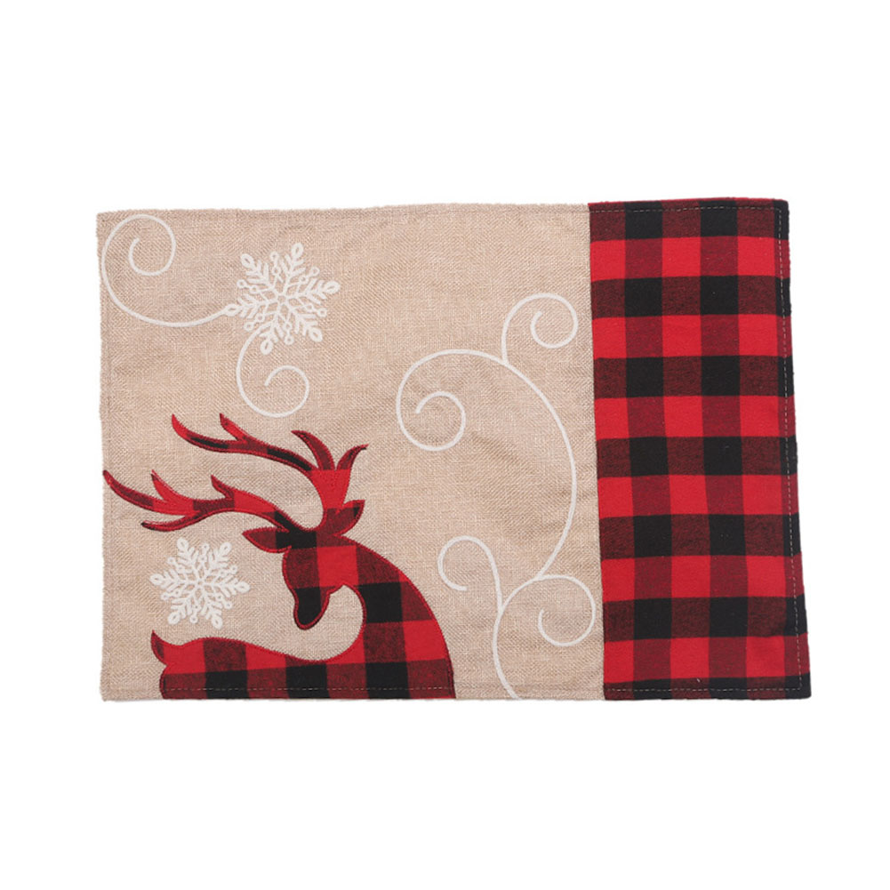 

Christmas Linen Placemat Elk Plaid Embroidery Xmas Decorative Table Mats, 501 Original