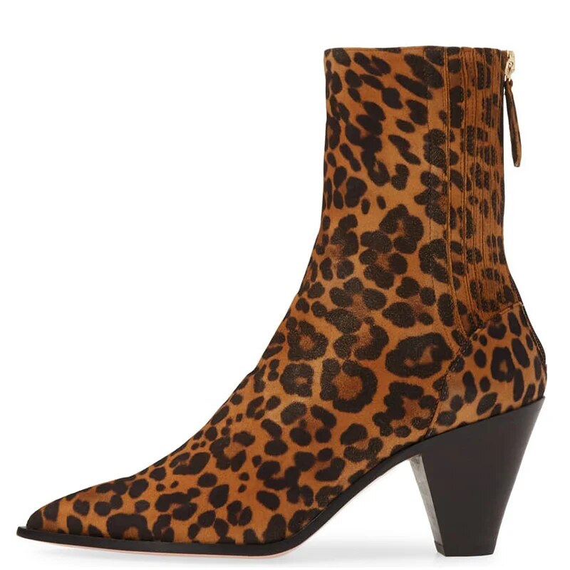 TAAFO Leopard Print High Cone Block Heels Ankle Boots Woman Zipper Pointed Toe Booties Ladies Shoes