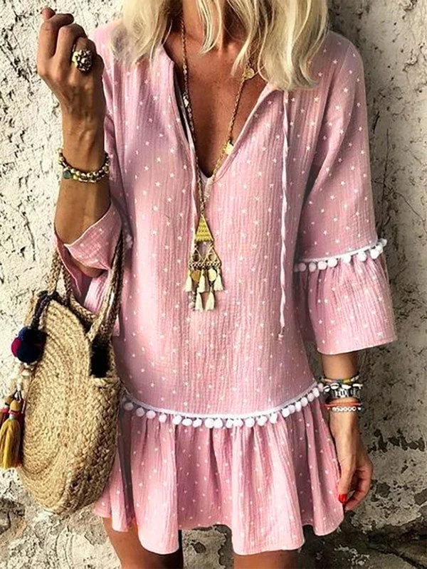 V neck lavender A-line Women Daily Basic 3/4 Sleeve Paneled Polka Dots Summer Dress Zaesvini