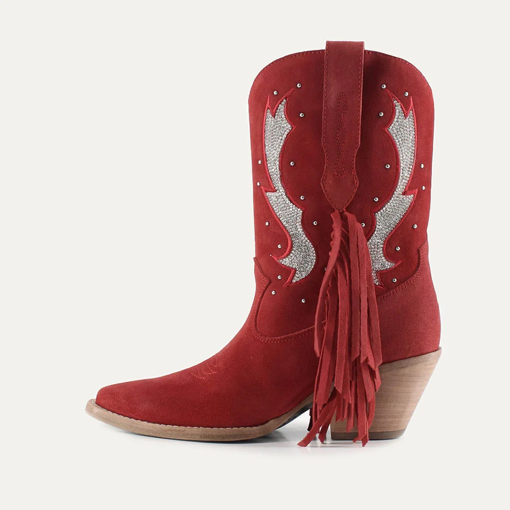 Red Vegan Suede Studded Snip Toe Rhinestone Wide Calf Cowgirl Boots