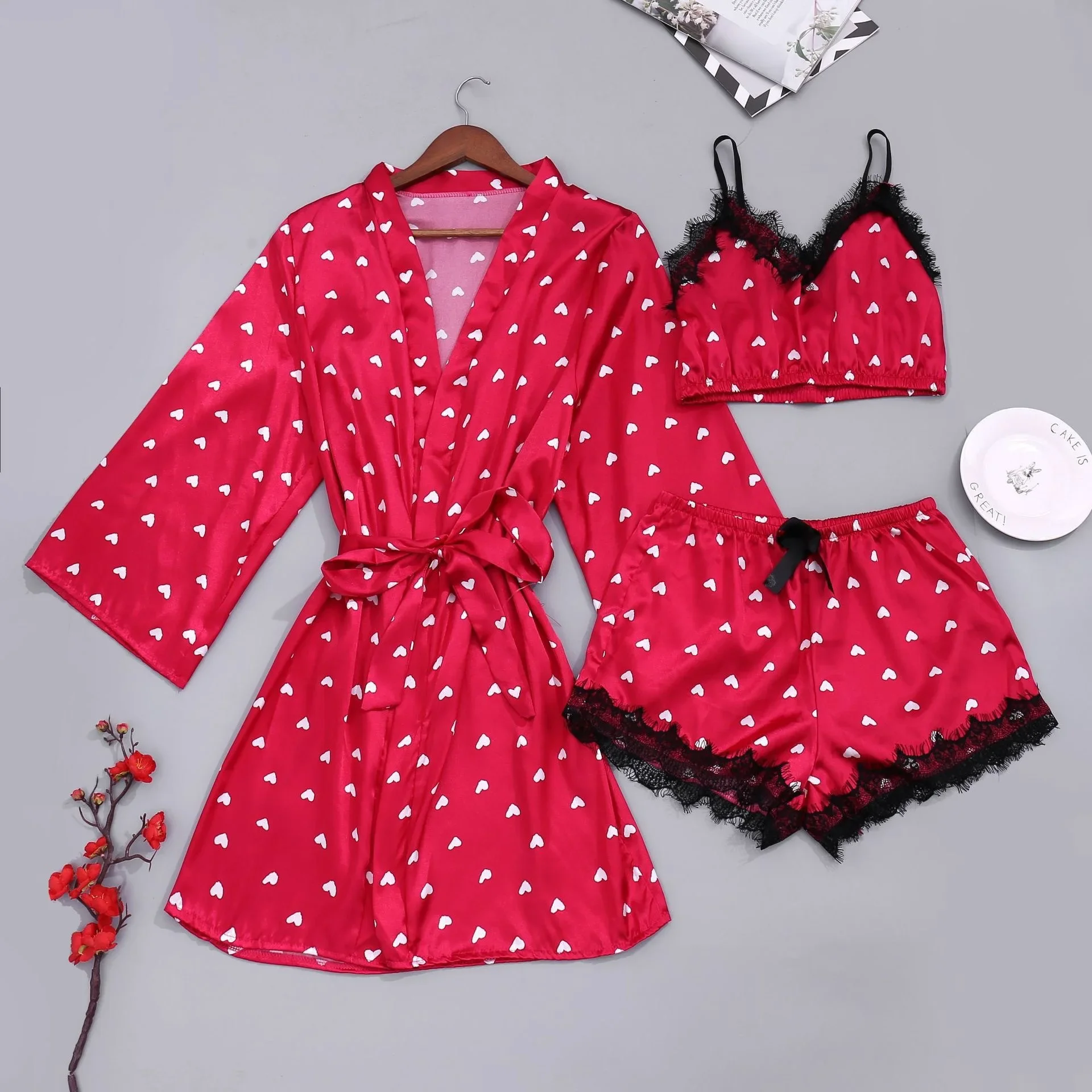 Elinlin 2/3PCS Women Satin Ice Silk Pajama Set Heart Print Lace Sleeping Skirt Seamless Sexy Lingerie Homewear Pajama Short Sleepwear