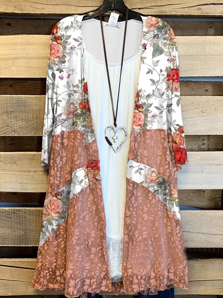 Plus Size Casual Printed Kimono Jacket P179147140