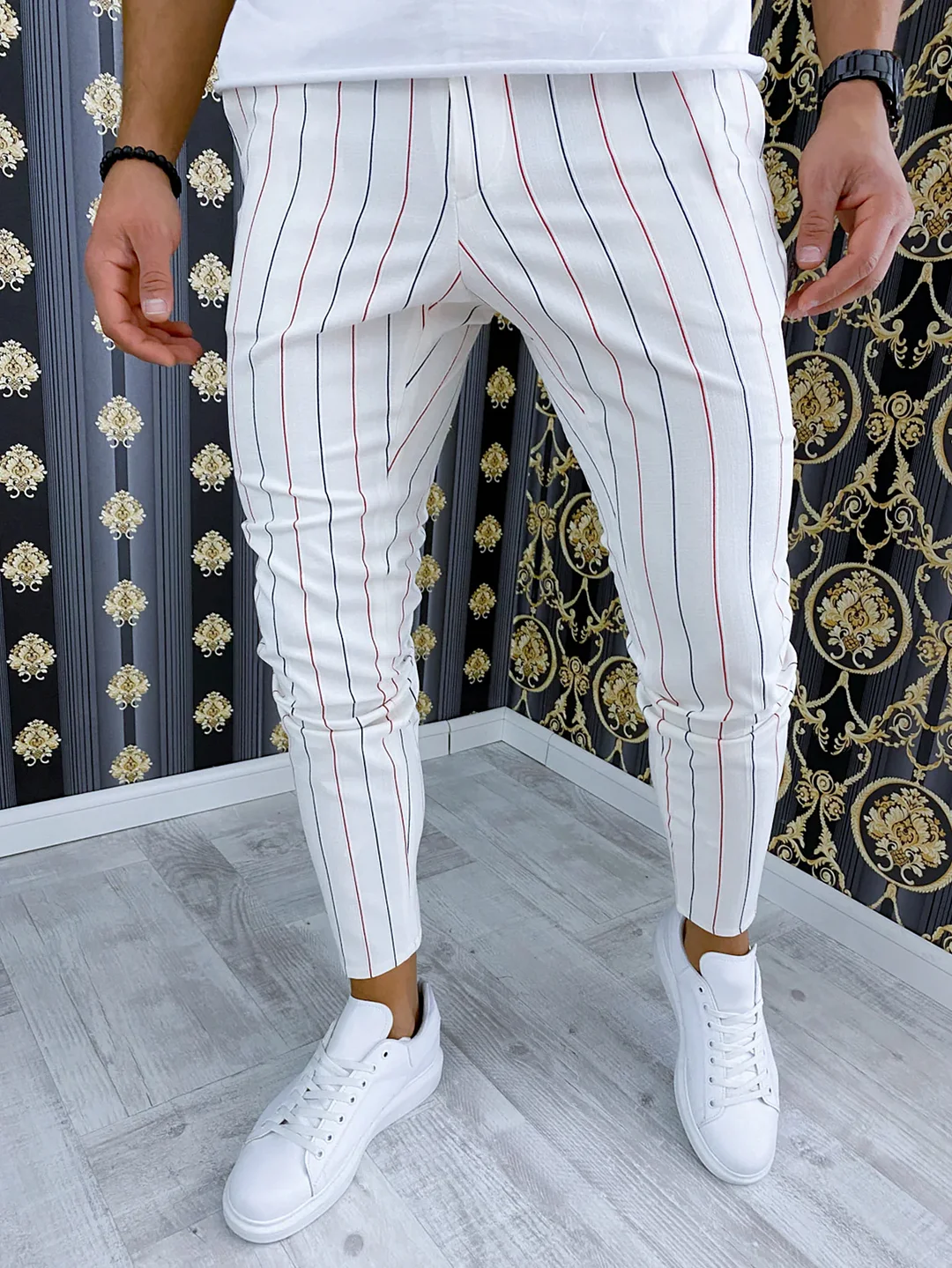 Men's Skinny Pants Matching Stripes Solid Color Casual Pant
