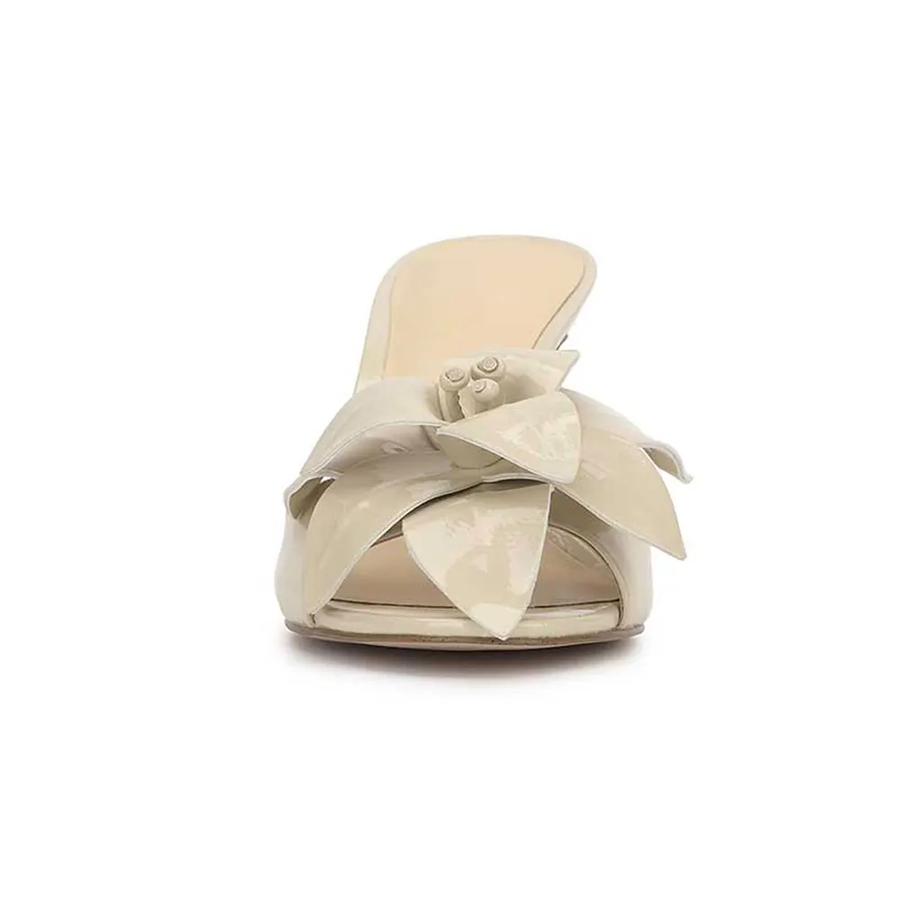 Beige Open Round Toe Floral Decor Stiletto Heel Mules Sandals