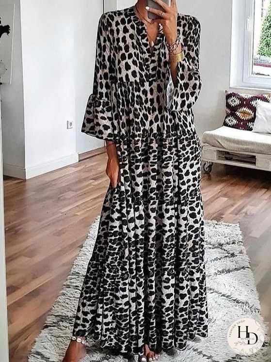 Dresses V-Neck Leopard Print Boho Long Sleeve Dress for Women