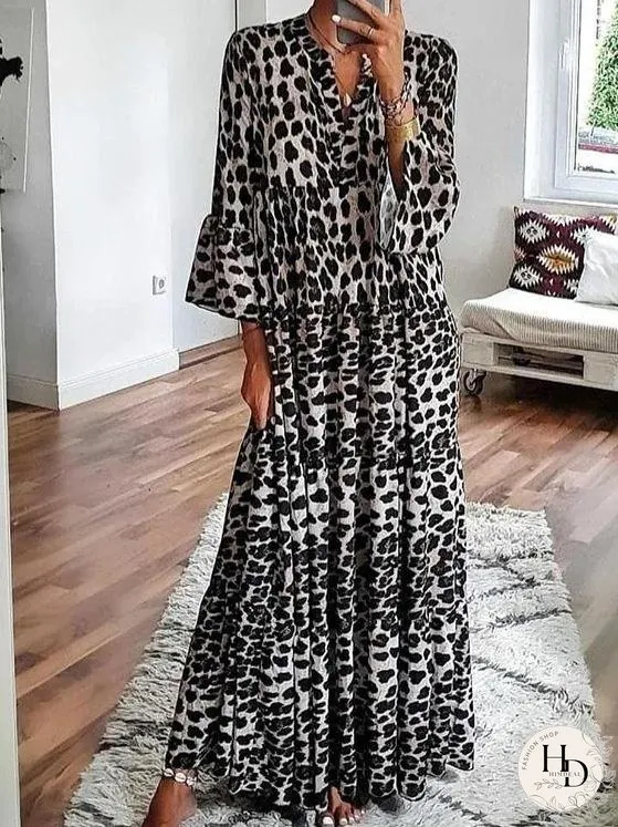 Dresses V-Neck Leopard Print Boho Long Sleeve Dress for Women