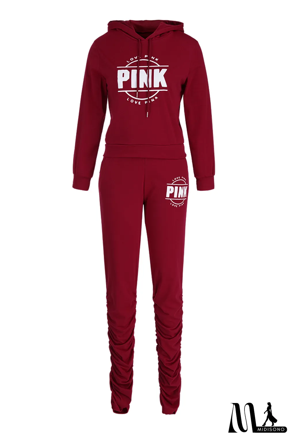 MidiSono - Red Fashion Casual Letter Print Fold Hooded Collar Long Sleeve Two Pieces