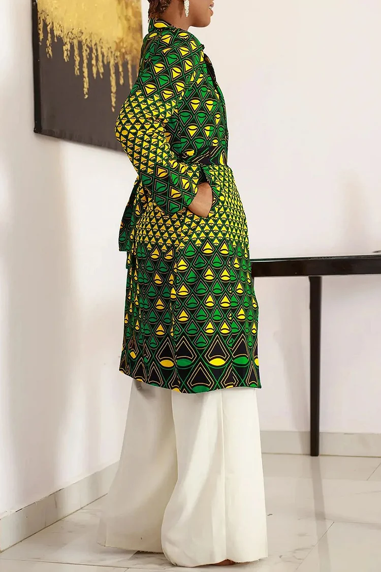 Plus Size Business Casual Green African Ankara V Neck Long Sleeve Split Blouses