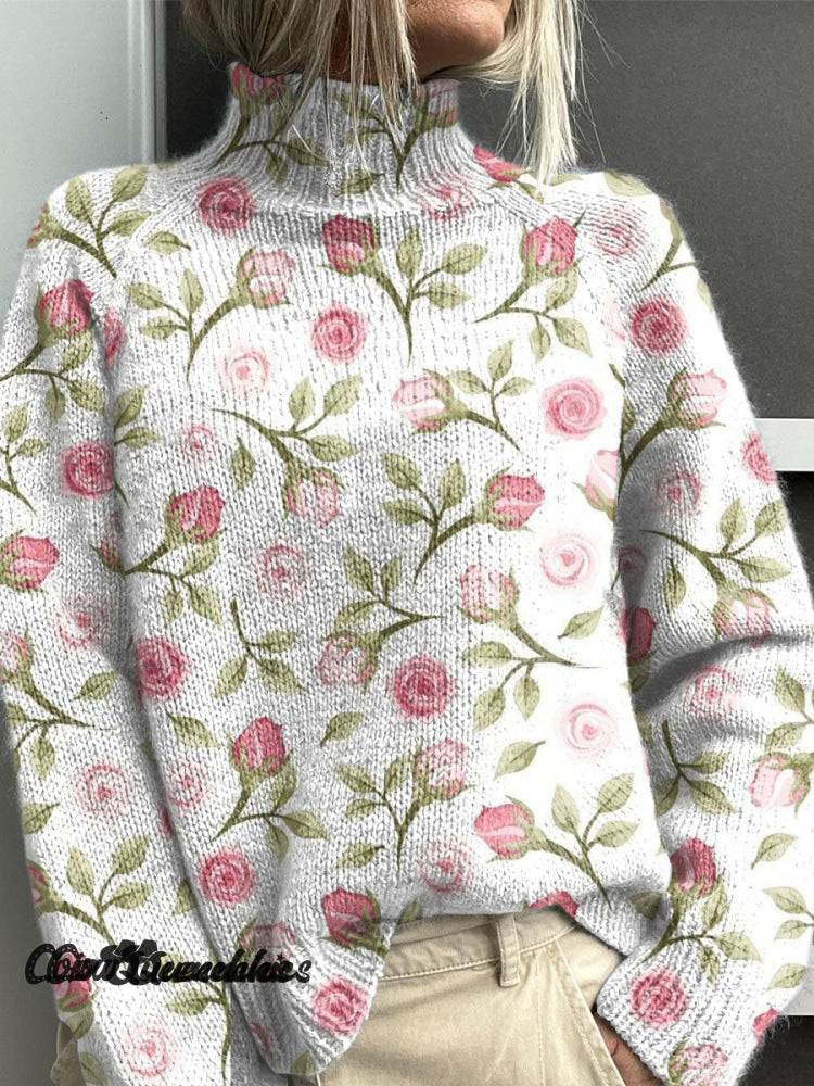 Vintage Rose Print Knit Turtleneck Pullover Sweater Multicolor / S