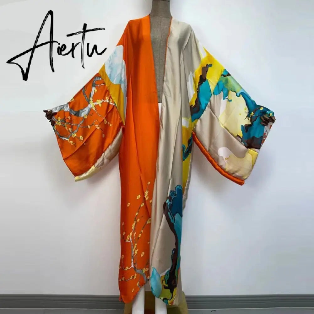 Aiertu  verano Women sukienka Print Long Sleeve Cardigan Female Blouse Loose Casual beach Cover Up boho dress party kaftan Aiertu