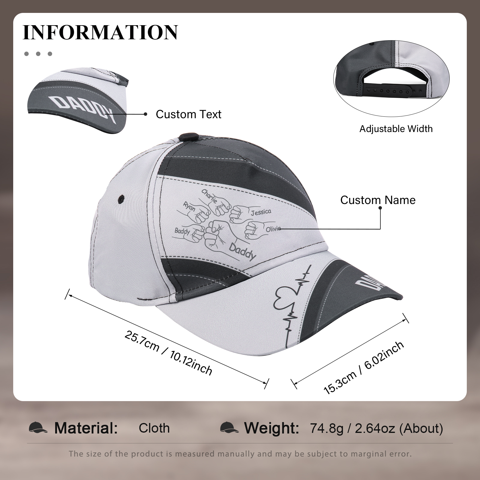 Personalised Fist Bump Classical Baseball Cap Custom 6 Names & 1 Text Snapback Adjustable Gift for Dad/Grandpa/Husband-Jessemade AU