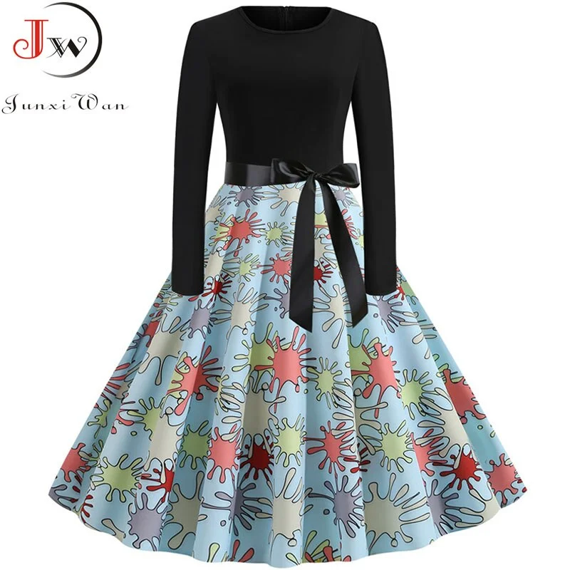 New Autumn Winter Women Plaid Print Dress Elegant Casual Vintgae Dress Robe Femme Black Patchwork A-line Party Vestidos