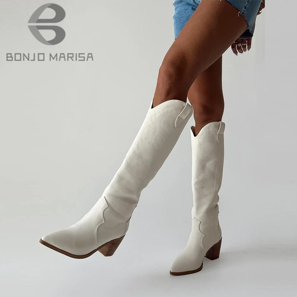 Qengg Western White Knee High Boots Women Stacked Heel Long Boots Shoes Ridding Round Toe Work Casual Vintage Shoes Woman