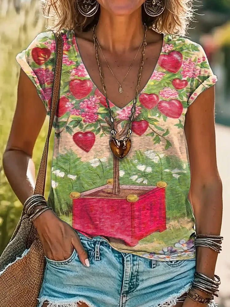 Women's Valentine's Day Print 100%Cotton V-neck T-Shirt