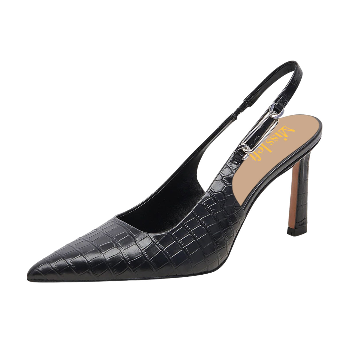 Crocodile Embossed Slip-On Pointed Toe Elastic Chain Slingback Heels Nicepairs