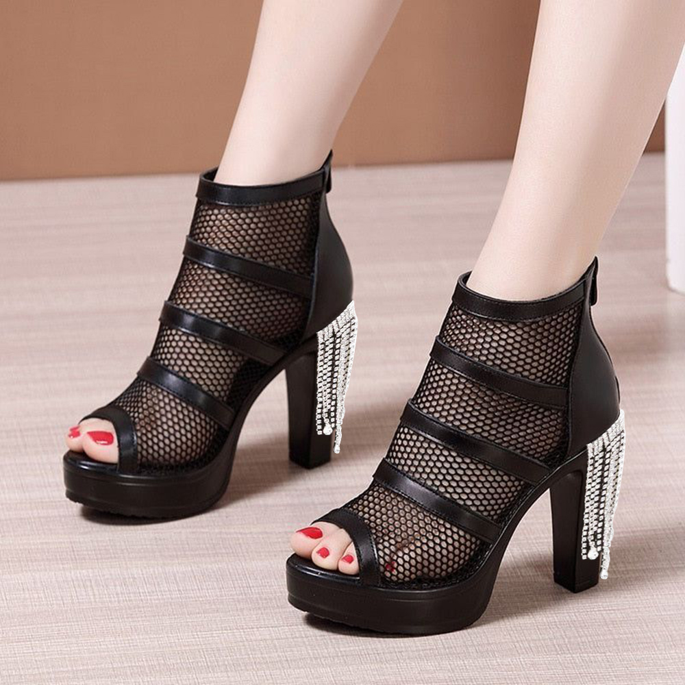 Black Mesh Peep Toe 3'' Decorative Heel Platform Pumps Nicepairs