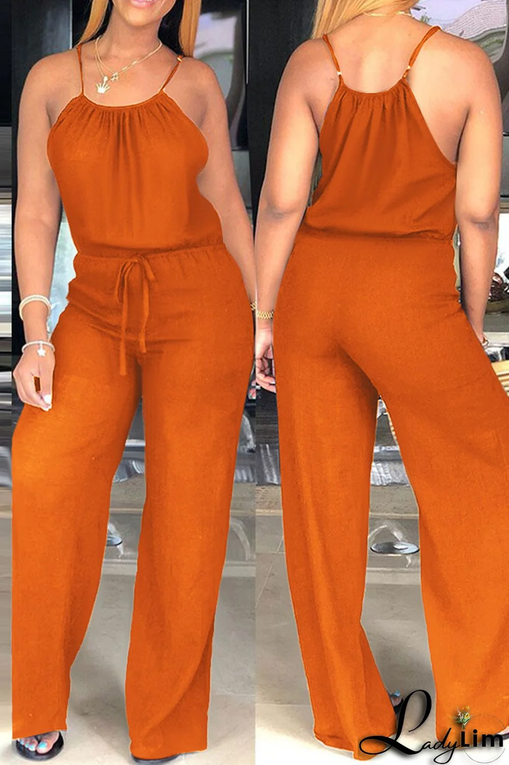 Tangerine Red Casual Solid Patchwork Spaghetti Strap Straight Jumpsuits