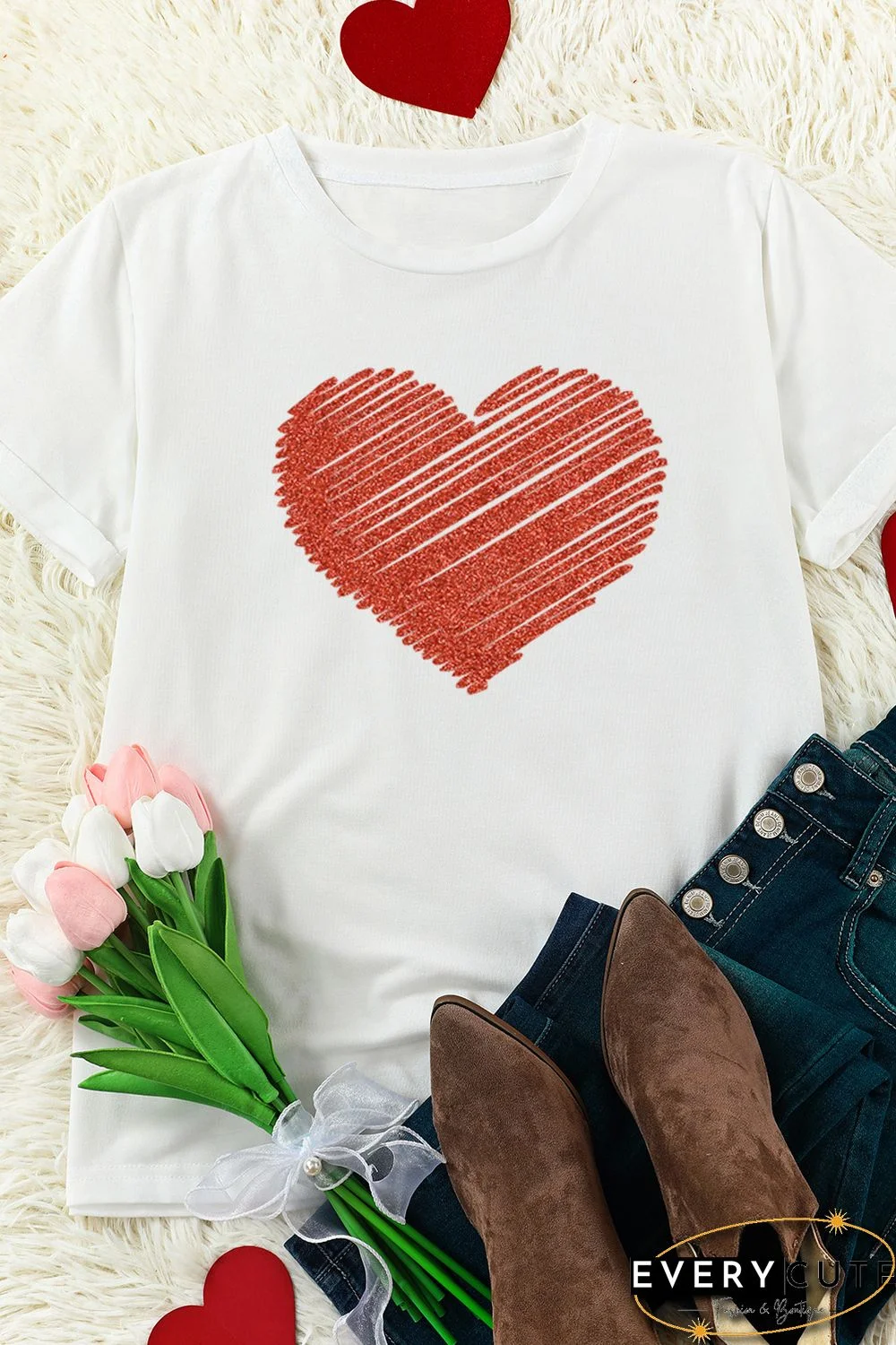 White Heart Shape Glitter Patter Print Short Sleeve T Shirt