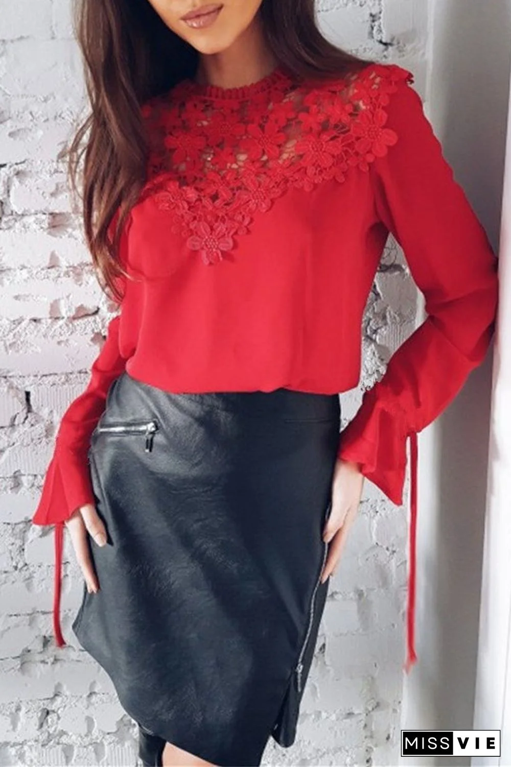 Lace Patchwork Chiffon Solid Blouse