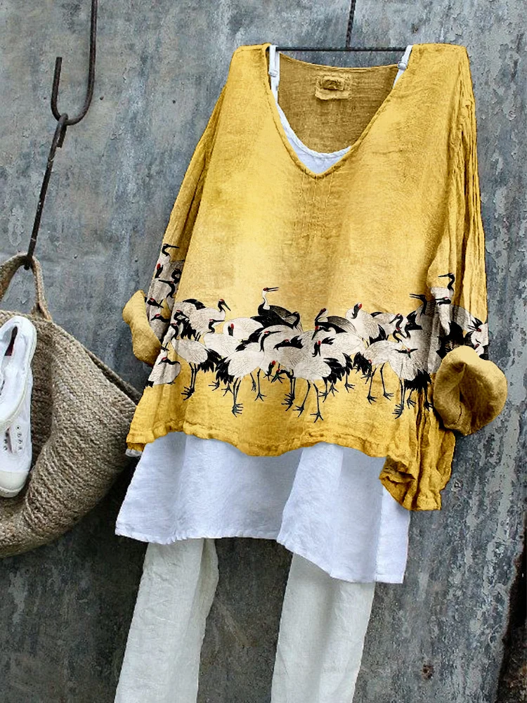 Comstylish Japanese Cranes Art Vintage Linen Blend Flowy Tunic