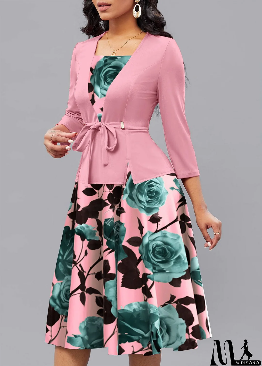 MidiSono - Pink Patchwork Floral Print 3/4 Sleeve Square Neck Dress