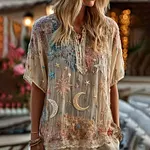 Star And Moon Embroidered Bright Contrast Short-sleeved V-neck Shirt - Image 2
