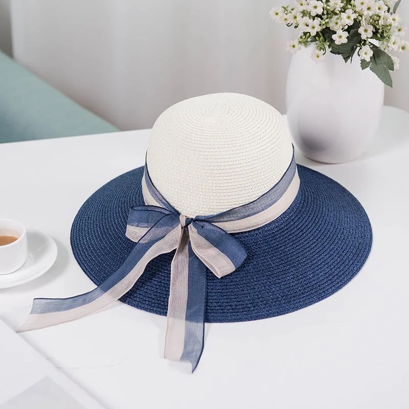 Women's Sun Straw Hats UV Protection Color Matching Ribbon Beach Travel Hats