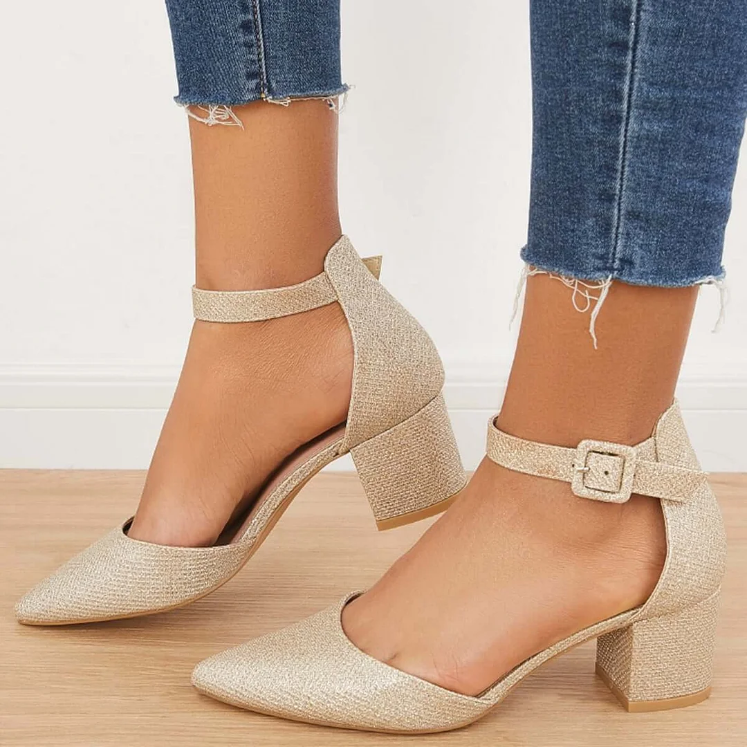 Low Chunky Block Heel Pumps Pointed Toe Ankle Strap Heels