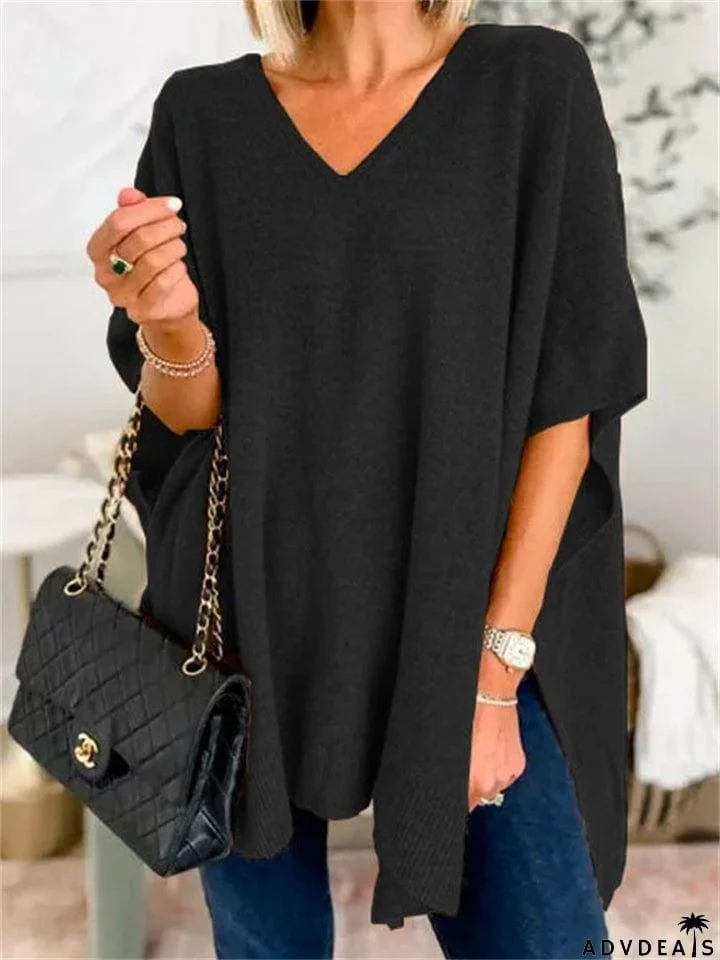 Chic V-neck Loose Knitted Poncho Sweater for Women