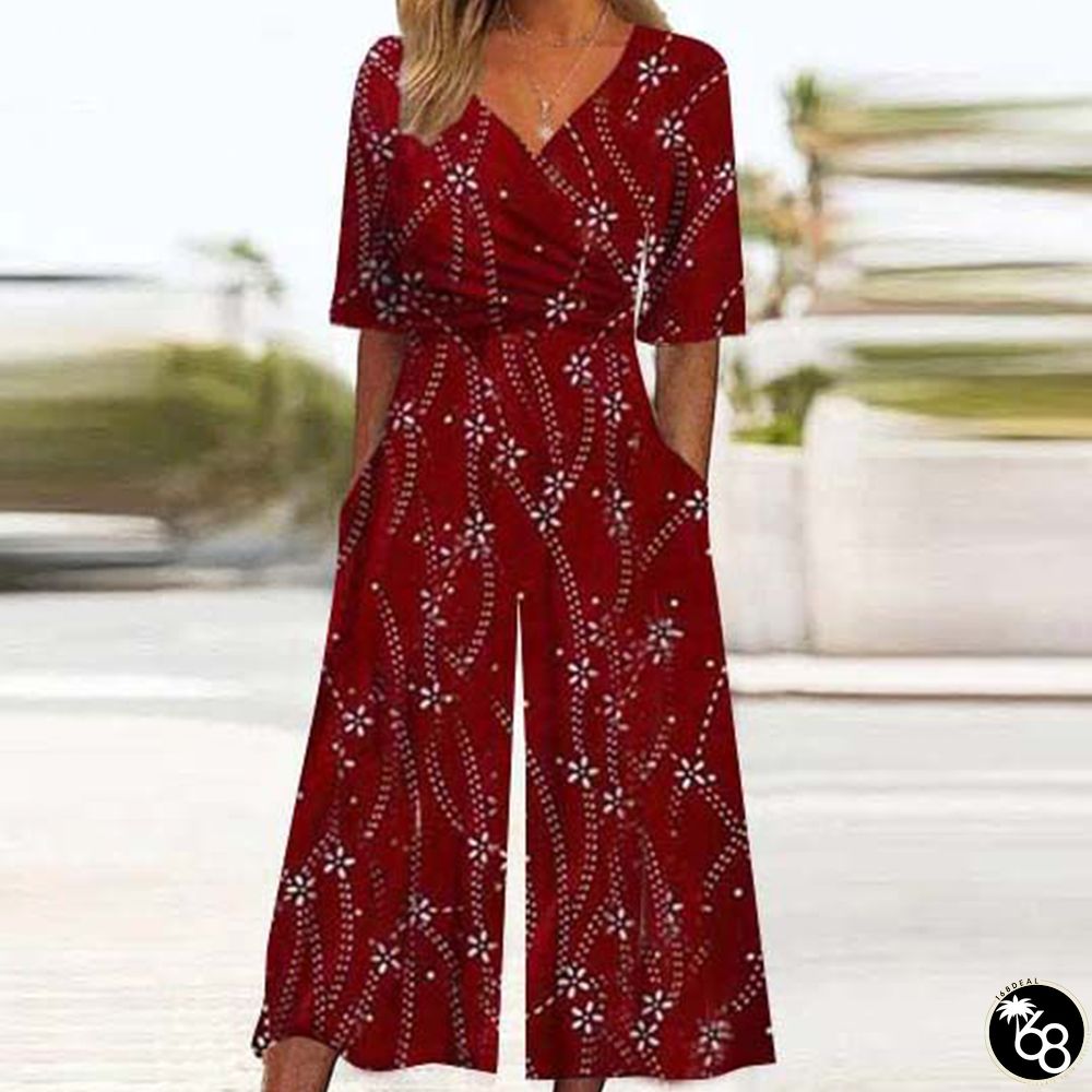 Burgundy Print Short Sleeve Jumpsuit | 168DEAL
