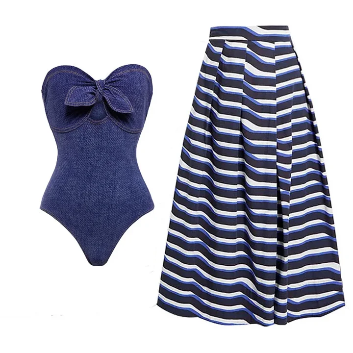 Bowknot Bandeau One Piece Swimsuit and Skirt Flaxmaker