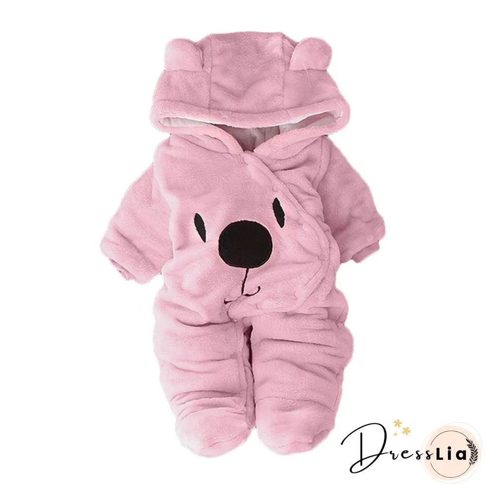 Newborn Baby Girl Boy Solid Color Cartoon Bear Velvet Hooded Jumpsuit Winter Warm Thick