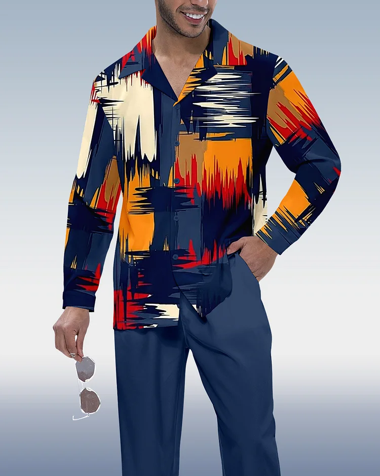 Suitmens Men's Color Block Printed Long Sleeve Shirt Walking Suit 413