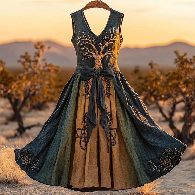 Simpfit Damen Vintage Wikinger Leben des Baumes Tribal Art Nachahmung aus Baumwolle und Leinen Tank Kleid
