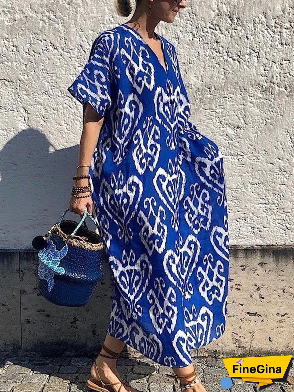 Vintage Blue Print Short Sleeve Maxi Dress