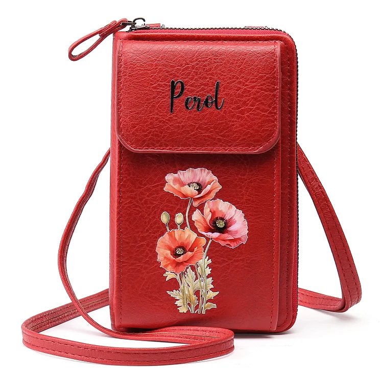 Personalized Women's Leather Wallet Custom Birthday Flower & Name Mobile Phone Wallet Zipper Crossbody Bag