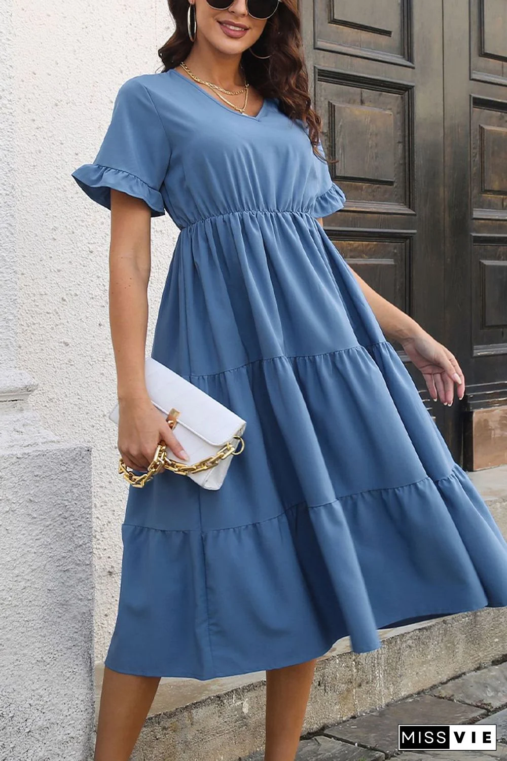 Plain V Neck Tiered Short Sleeves Mid Dress