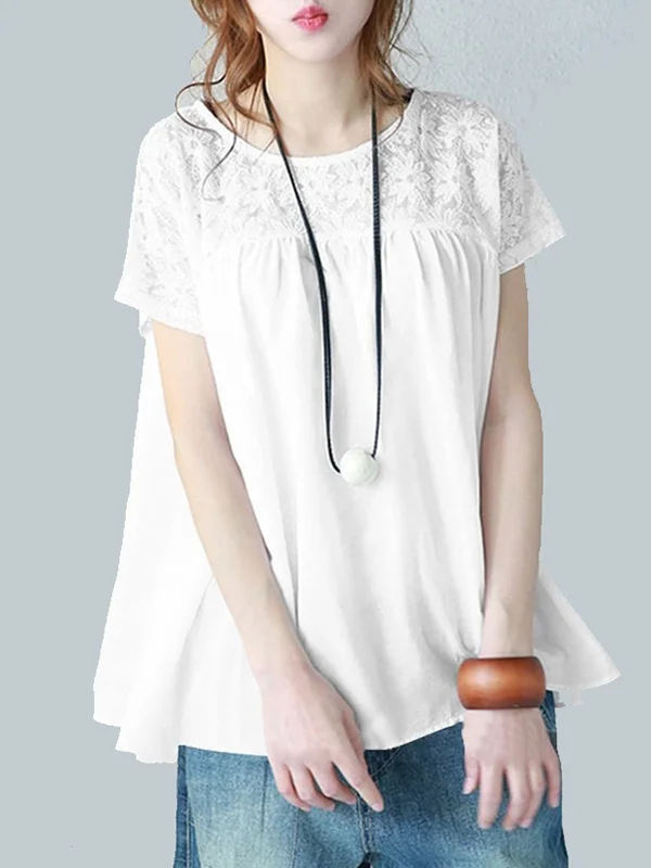 Vintage Solid Color Split-Joint Pleated Embroidered Hollow Lace Round-Neck Short Sleeves T-Shirt