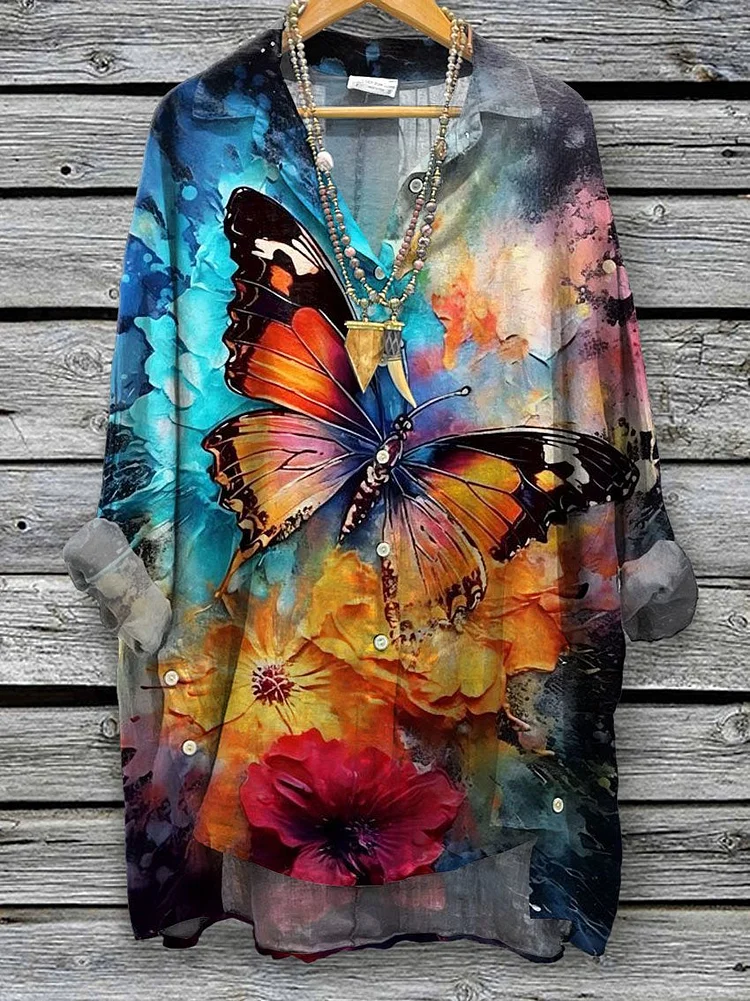 Women's Butterfly Painting Art Print Casual Cotton And Linen Shirt