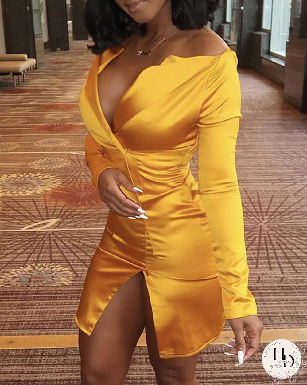 Off Shoulder Plunge Satin Slit Bodycon Dress
